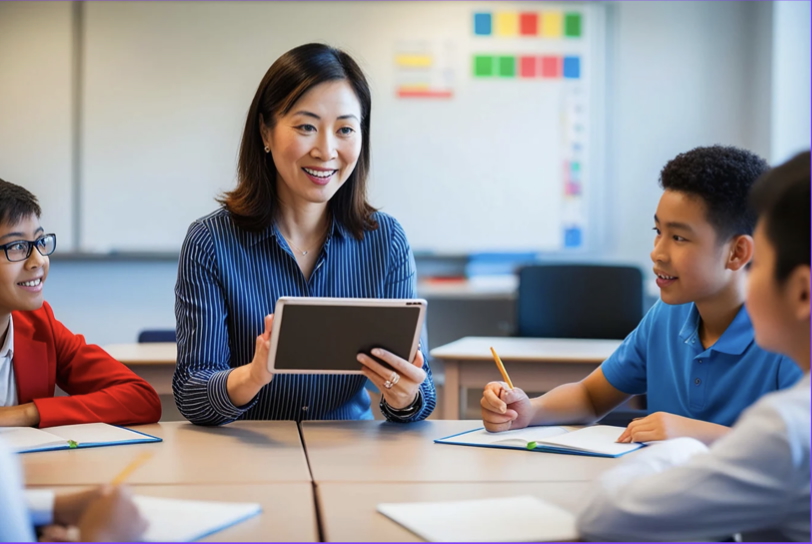 Teacher helping student